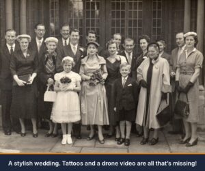Black and white photograph of a 1950s wedding party outside a church, the bride holding a bouquet, with guests in hats and gloves