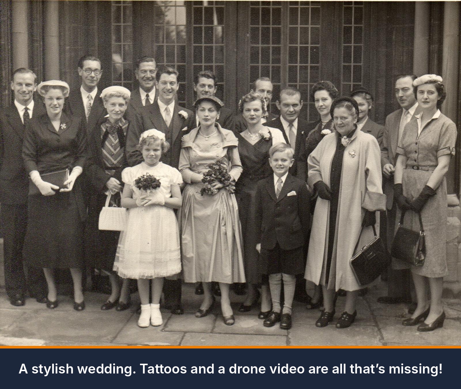 Black and white photograph of a 1950s wedding party outside a church, the bride holding a bouquet, with guests in hats and gloves