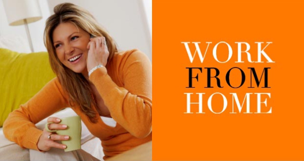 Working from home. Smiling woman making phone call while drinking a cup of tea.