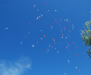 A multitude of red and white balloons float elegantly in a clear blue sky, creating a captivating visual.